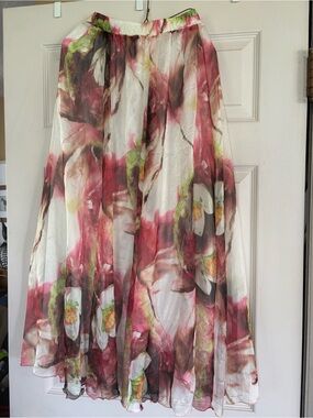Watercolor Floral Chiffon Maxi Skirt - Pink & White